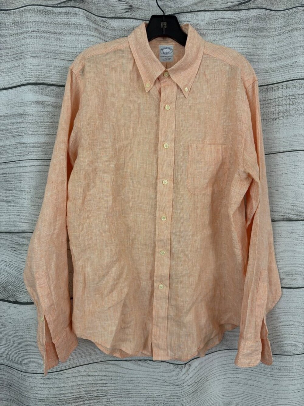 Mens Brooks Brothers Slim Fit Irish Linen Peach Button-Up Shirt Size L